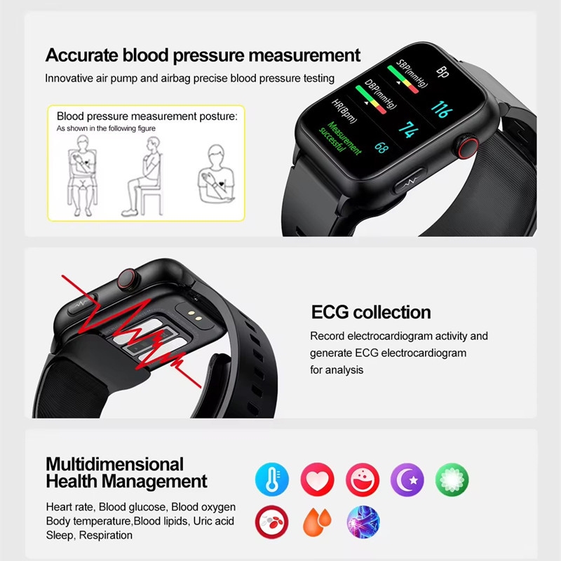 Smart Watch Medical Grade Air Pump Air Bag Blood Pressure Non-invasive Blood Sugar ECG Health Monitor Men Women Smartwatch