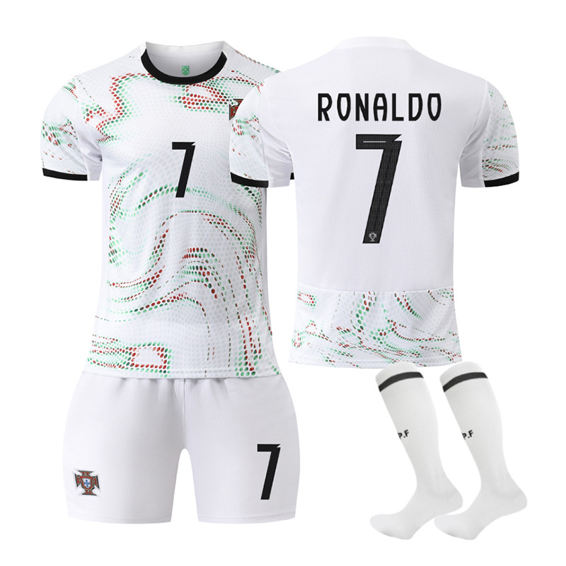 (Kids 16) 25-26 Portugal Away Boys Football Jersey Children Football Kit Ronaldo No. 7 Kids Football Suit Soccer Jersey Shorts Set Footbal Training Kit Fans Gifts