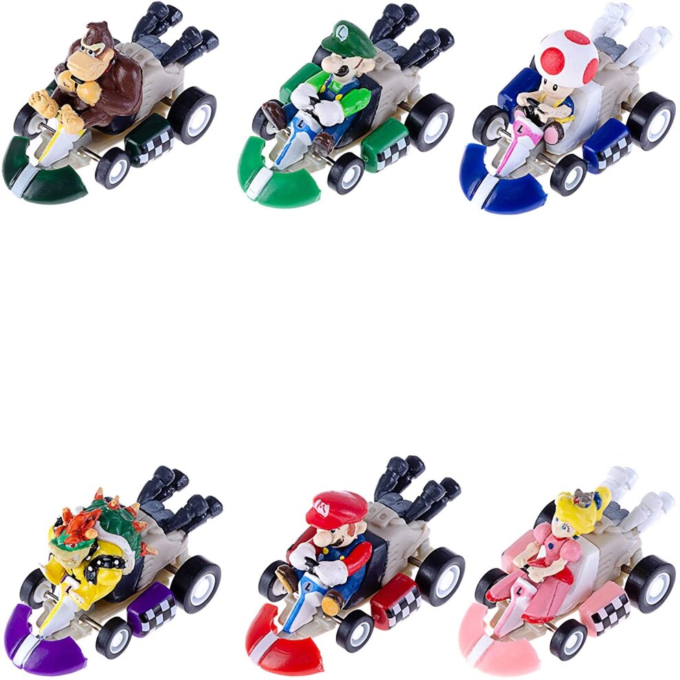 6pcs Mario Kart Cars Pull Backs Figures, Mario, Luigi, Princess Peach, Bowser, Toad, Don