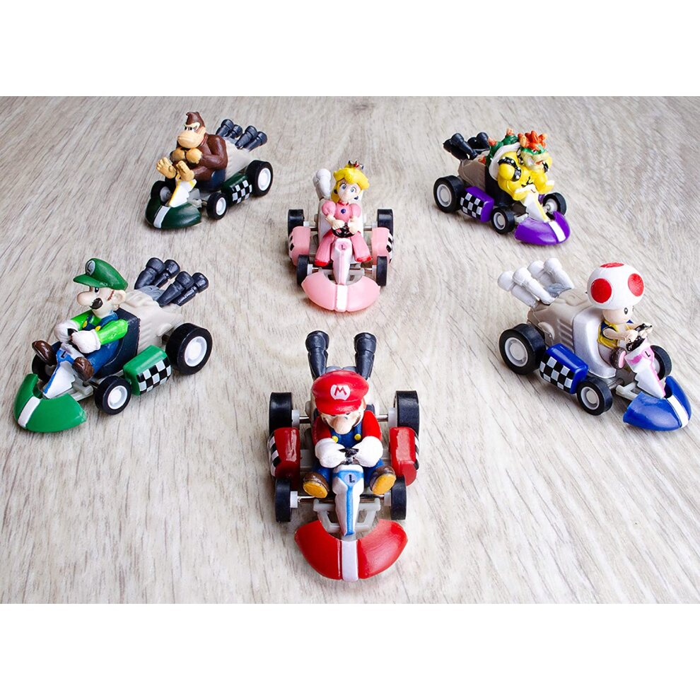 6pcs Mario Kart Cars Pull Backs Figures, Mario, Luigi, Princess Peach, Bowser, Toad, Don