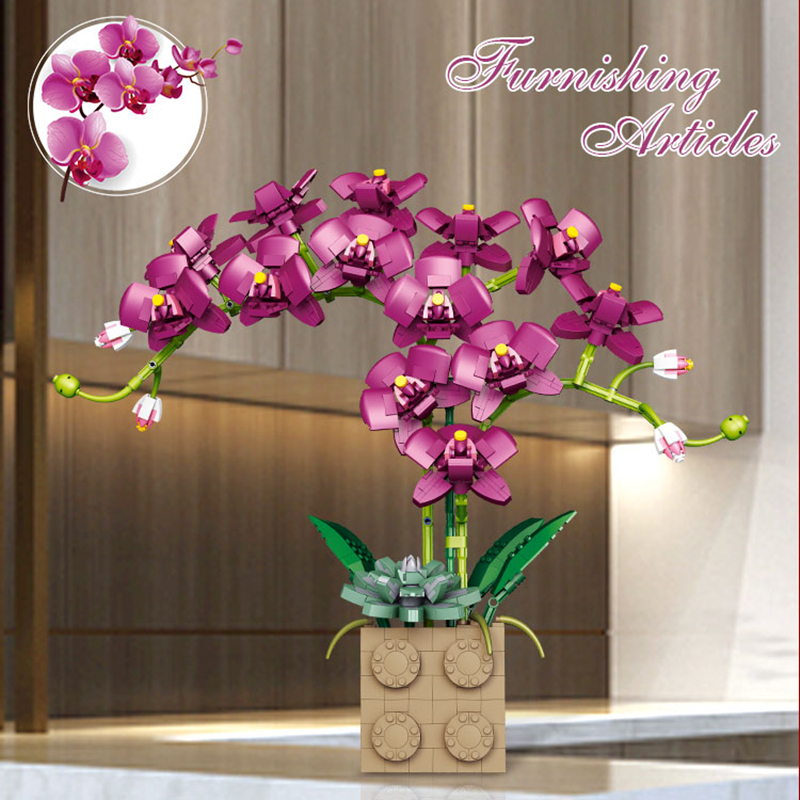 (Purple) Building Block Flower Orchid Series Bonsai Girl bricks Toy Flowers Adult Flower home decorationToys For Gifts