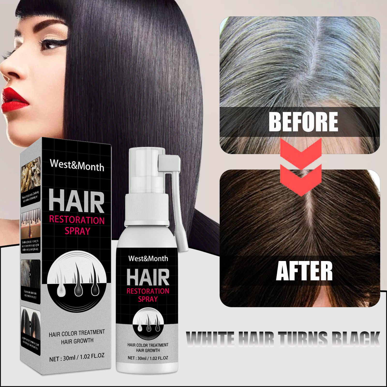 Hair Restoration Spray Black Hair Spray Non-greasy Moisturizing Effective Anti-Hair Loss 30ml