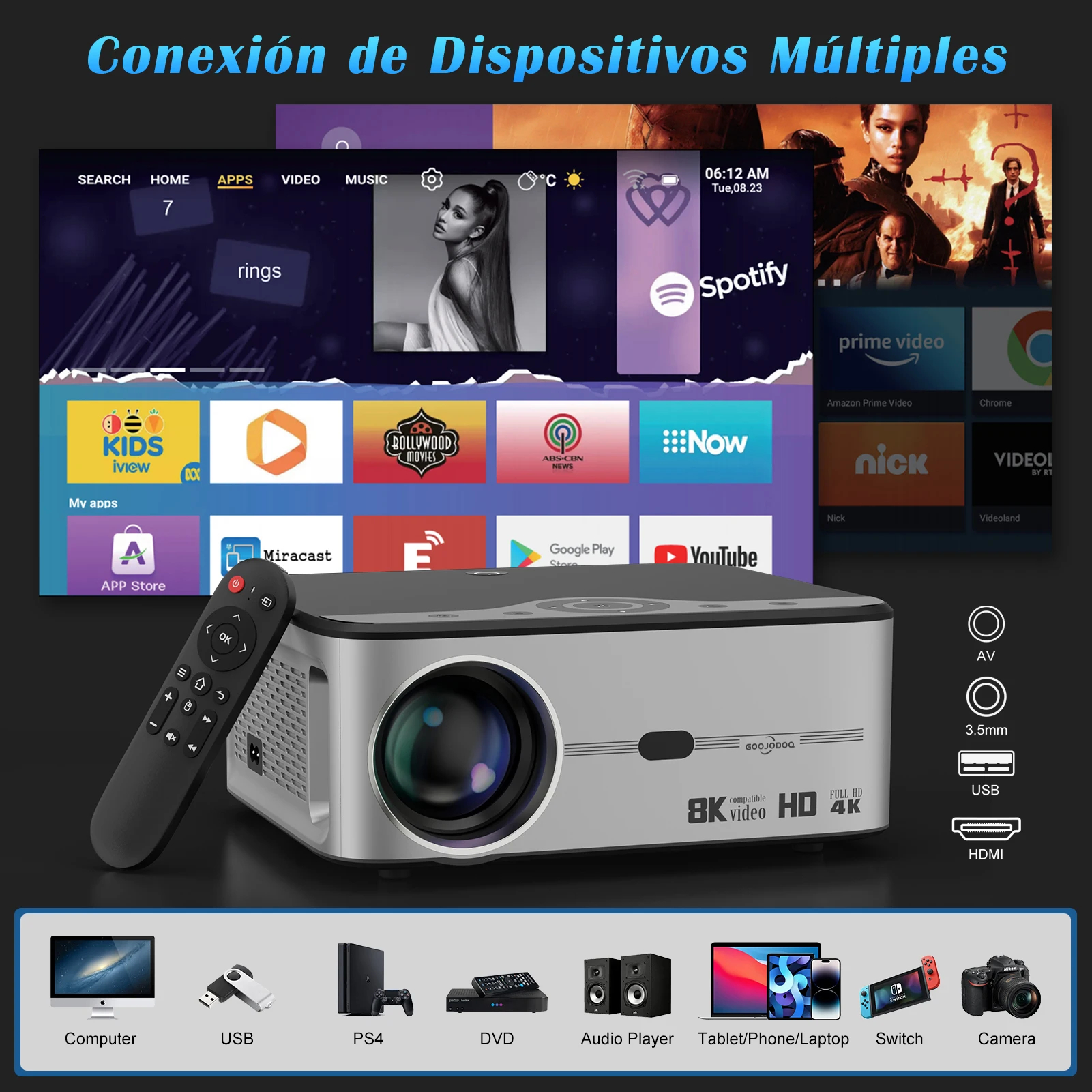 1080P Bluetooth Projector 4K 8K 200Screen WiFi HDMI USB LED Android Home Theater Cinema
