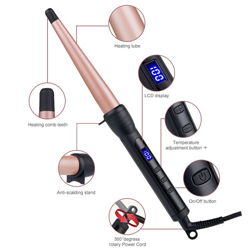 Professional Curling Iron Tapered Hair Curler Ceramic Curling Iron Insulating Tip LCD Display Adjustable Temperature 13mm to 25mm for Hair