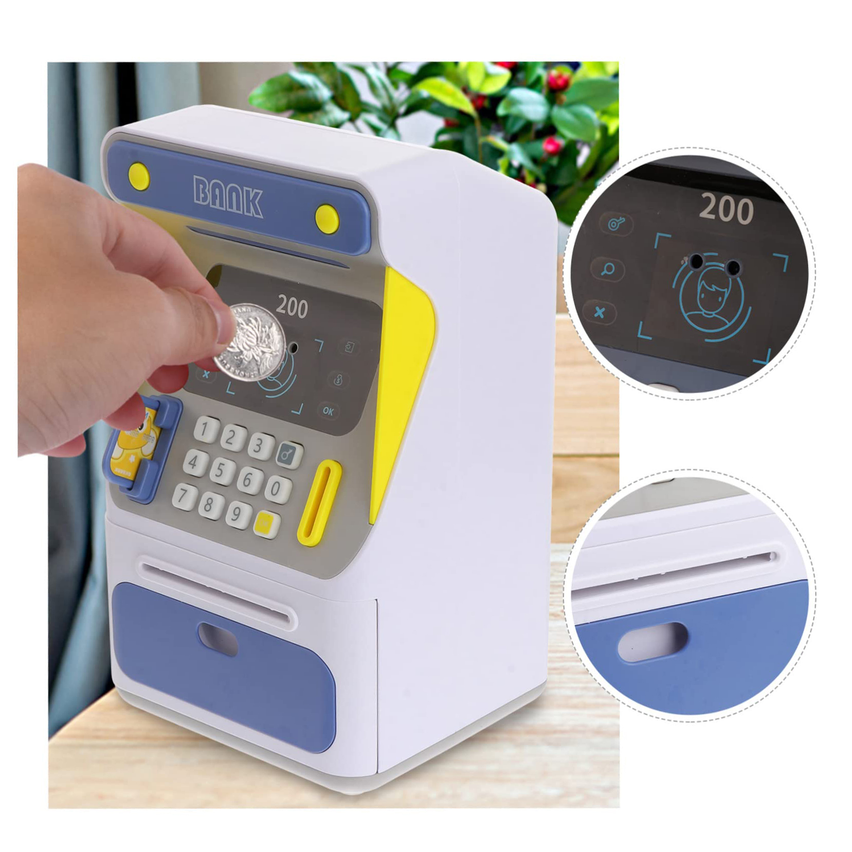(Blue) Face Recognition ATM Kid Piggy Bank for Kids Electronic Saving Bank Password Cash Pot Safe for Home Saving Pot Child Coin Multifunction