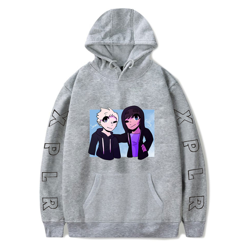 (XS) Sam and Colby XPLR Merch Hoodie Pullover Hip Hop Casual Streetwear Long Sleeve for Fans Grey Character