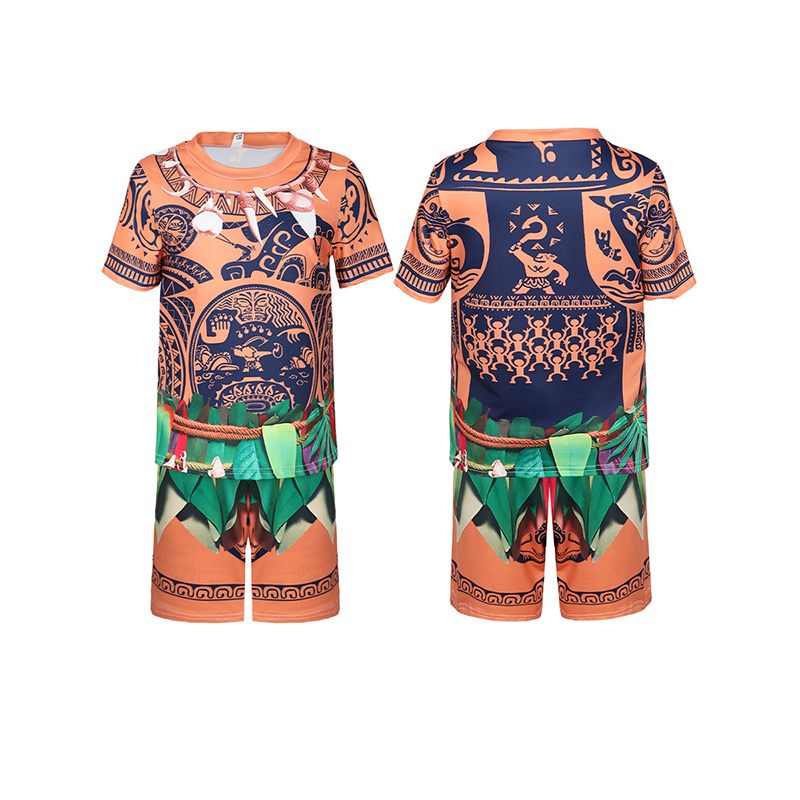 (Size 100) Moana Maui Costume for Kids Boys Fancy Dress Up Halloween Birthday Theme Party Outfits Kids Short Sleeve T Shirt Tattoo Tops  Pants Cosplay Outfits
