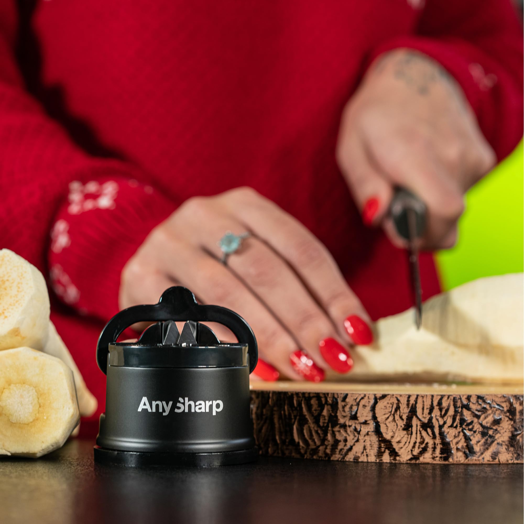 (Black) AnySharp Knife Sharpener, Hands-Free Safety, PowerGrip Suction, Safely Sharpens All Kitchen Knives, Ideal for Hardened Steel & Serrated, Worlds Best, Compact, One Size