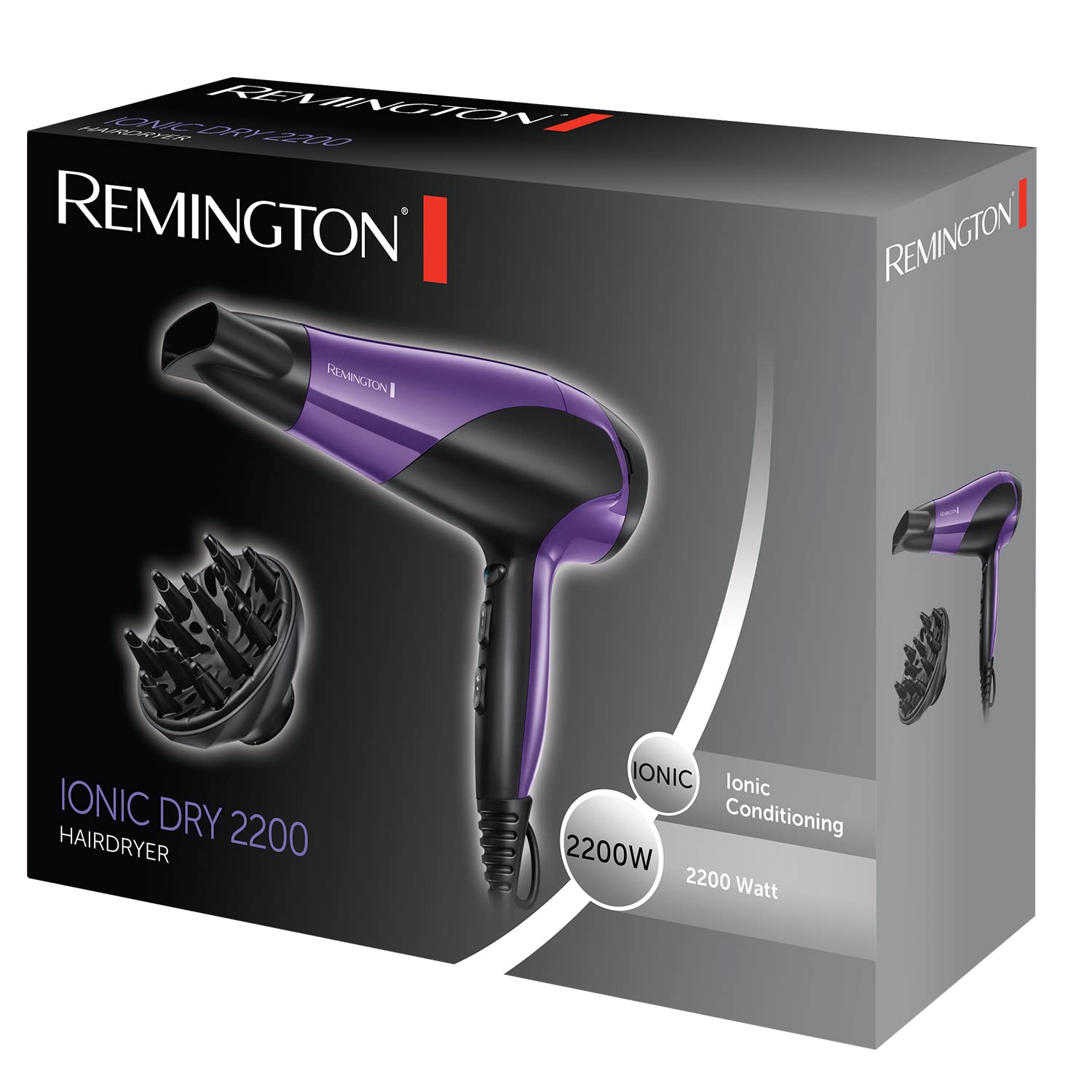Remington Hair Dryer Ionic Powerful Fast Professional Styling Diffuser Concentrator Ionic Conditioning for Frizz Free Hair 3 Heat 2 Speed Settings Cool Shot 2200W Purple D3190