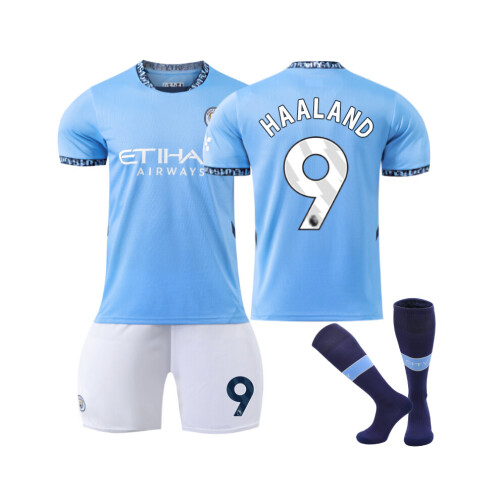 (Kids 16) 2024 2025 Manchester City Home HAALAND No. 9 Sport Clothing With Socks Kids Football Kits Soccer Jerseys Training Shirts Gift for Boys and Girls