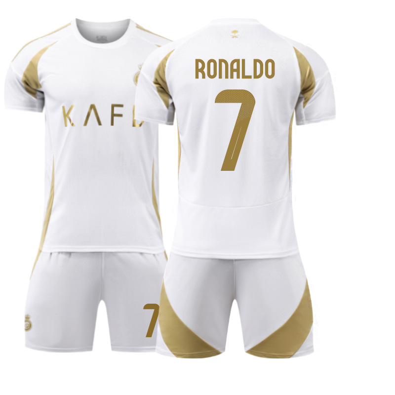 (Kids 16) Football Kit Kids Al Nassr Riyadh Victory Away No.7 Ronaldo Boy Activewear Soccer Jersey Child Football Training Shirts Sports Shorts Socks Tracksuits