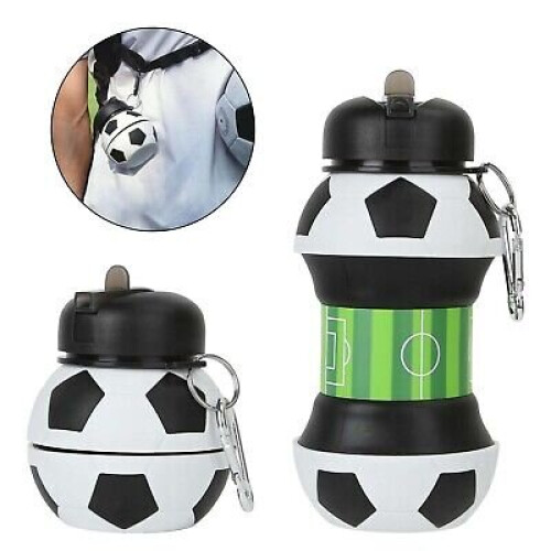 Football Water Bottle - 550ml Collapsible Water Container for Kids - Silicone Reusable Water Bottles for Boys and Girls - Leakproof BPA-Free