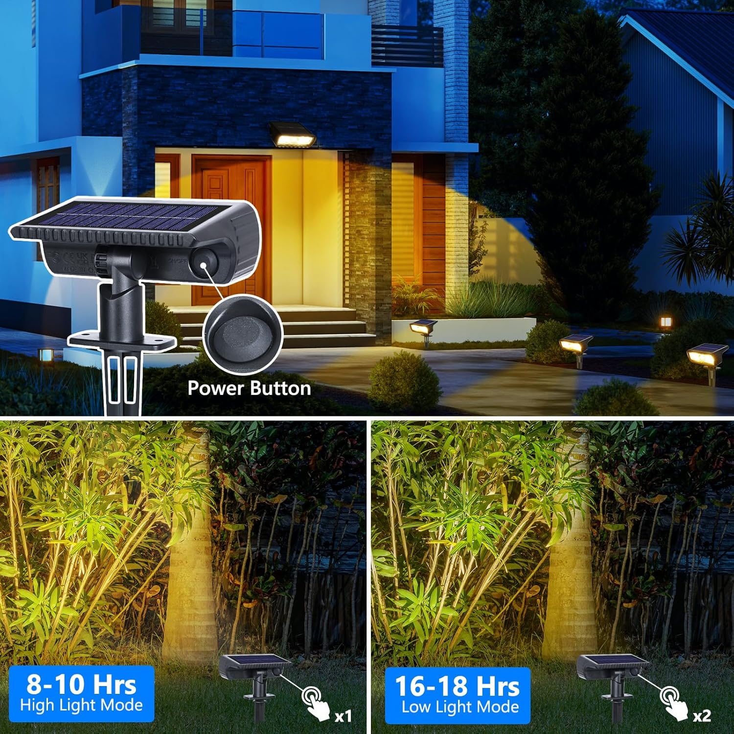 (White) Solar Lights Outdoor Garden 6500K Cool White Solar Spot Lights 4 Pack IP65 Waterproof 2 Brightness Modes Stake Lights Solar Powered for Yard Walkway Driveway 
