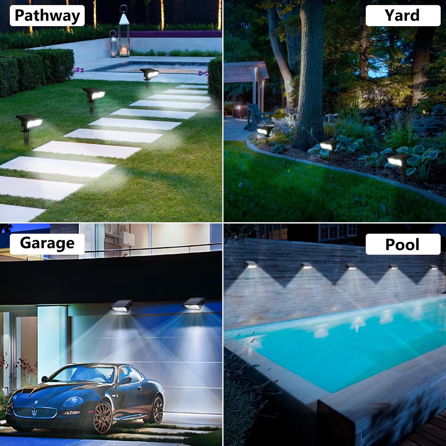 (White) Solar Lights Outdoor Garden 6500K Cool White Solar Spot Lights 4 Pack IP65 Waterproof 2 Brightness Modes Stake Lights Solar Powered for Yard Walkway Driveway 