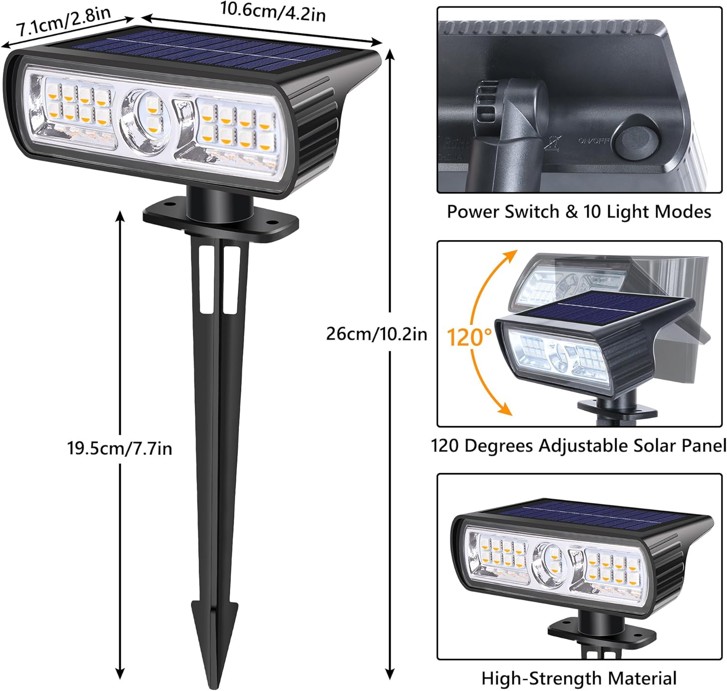 (White) Solar Lights Outdoor Garden 6500K Cool White Solar Spot Lights 4 Pack IP65 Waterproof 2 Brightness Modes Stake Lights Solar Powered for Yard Walkway Driveway 