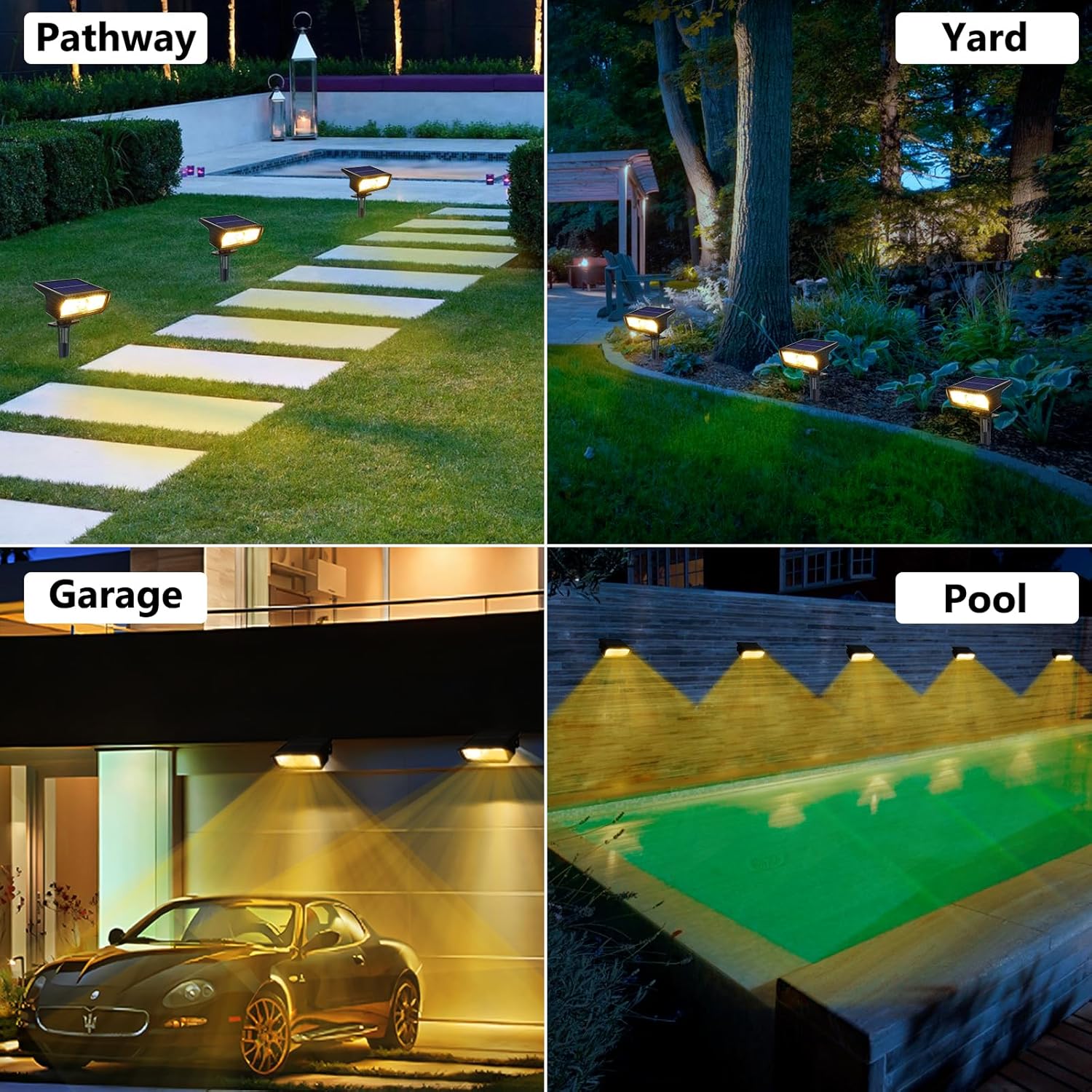 (White) Solar Lights Outdoor Garden 6500K Cool White Solar Spot Lights 4 Pack IP65 Waterproof 2 Brightness Modes Stake Lights Solar Powered for Yard Walkway Driveway 