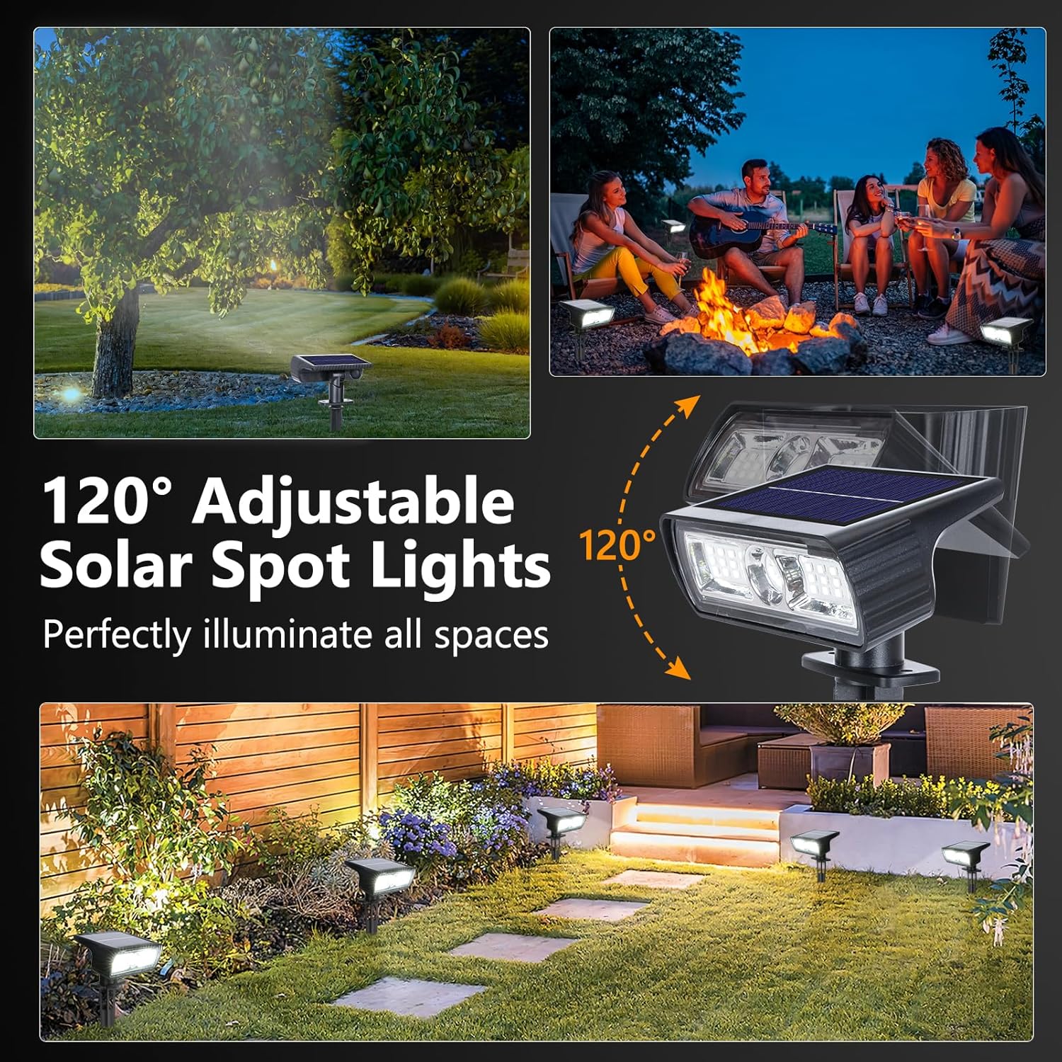 (White) Solar Lights Outdoor Garden 6500K Cool White Solar Spot Lights 4 Pack IP65 Waterproof 2 Brightness Modes Stake Lights Solar Powered for Yard Walkway Driveway 