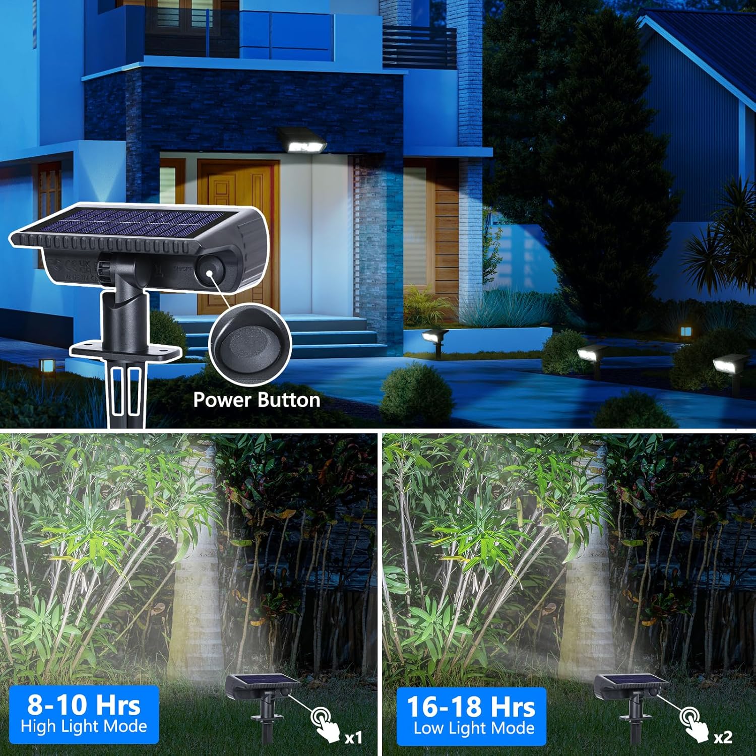 (White) Solar Lights Outdoor Garden 6500K Cool White Solar Spot Lights 4 Pack IP65 Waterproof 2 Brightness Modes Stake Lights Solar Powered for Yard Walkway Driveway 