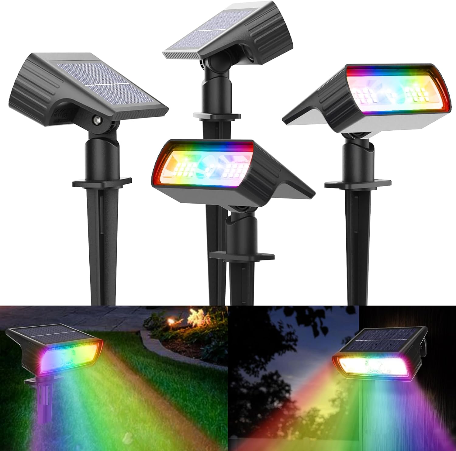 (White) Solar Lights Outdoor Garden 6500K Cool White Solar Spot Lights 4 Pack IP65 Waterproof 2 Brightness Modes Stake Lights Solar Powered for Yard Walkway Driveway 