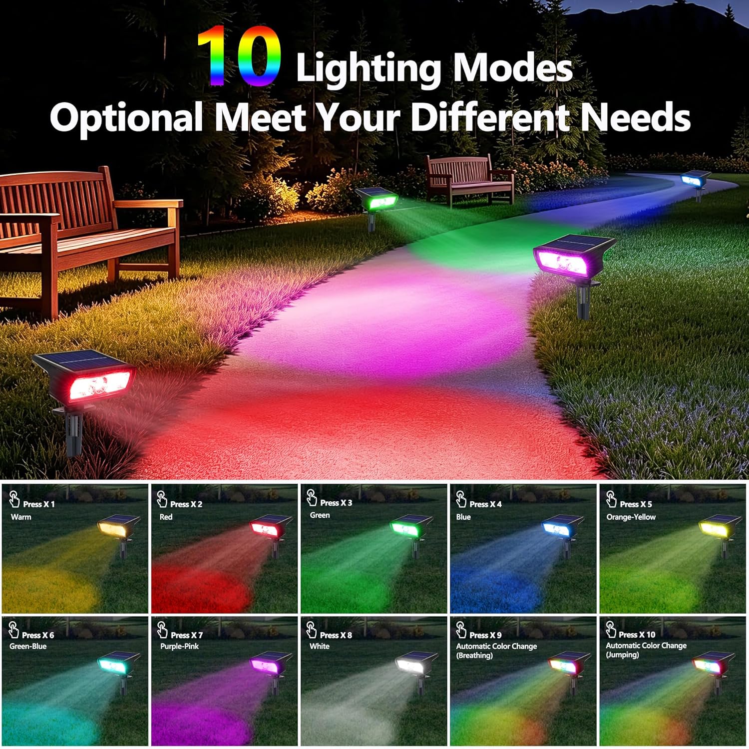 (White) Solar Lights Outdoor Garden 6500K Cool White Solar Spot Lights 4 Pack IP65 Waterproof 2 Brightness Modes Stake Lights Solar Powered for Yard Walkway Driveway 