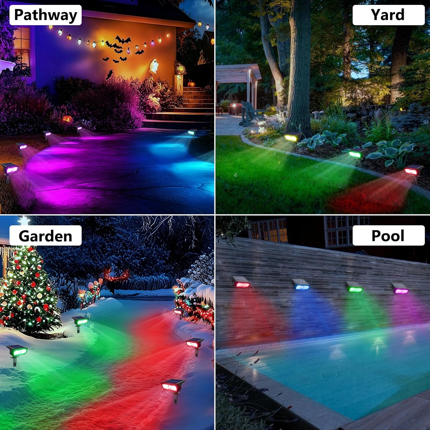 (White) Solar Lights Outdoor Garden 6500K Cool White Solar Spot Lights 4 Pack IP65 Waterproof 2 Brightness Modes Stake Lights Solar Powered for Yard Walkway Driveway 
