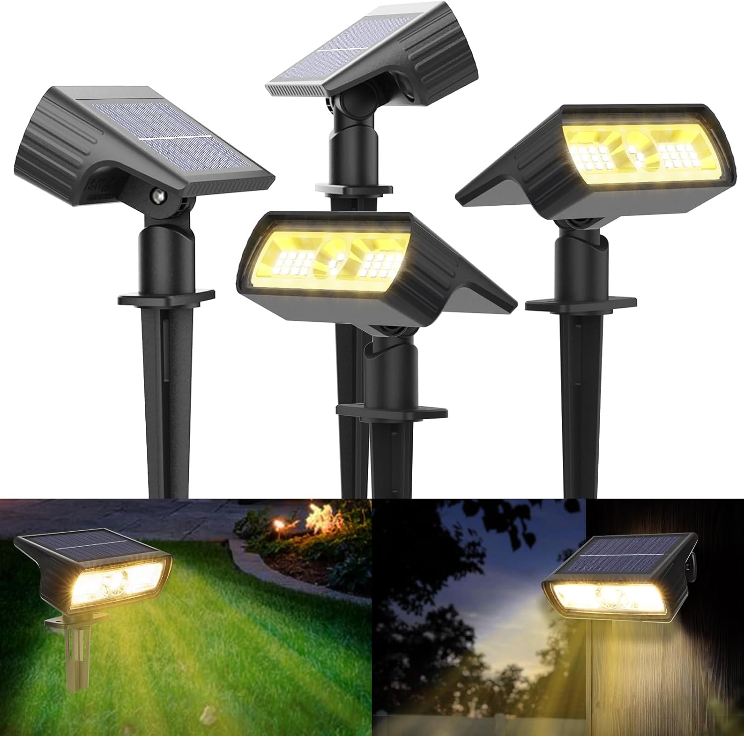 (White) Solar Lights Outdoor Garden 6500K Cool White Solar Spot Lights 4 Pack IP65 Waterproof 2 Brightness Modes Stake Lights Solar Powered for Yard Walkway Driveway 
