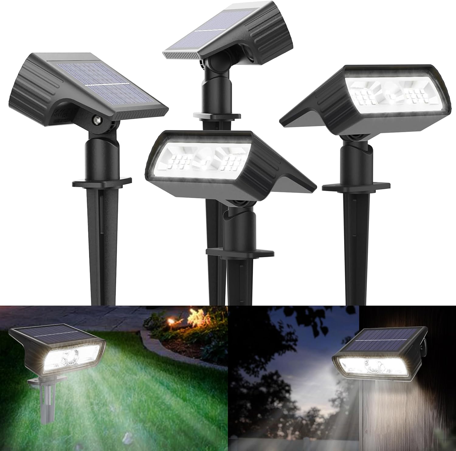 Solar Lights Outdoor Garden 6500K Cool White Solar Spot Lights 4 Pack IP65 Waterproof 2 Brightness Modes Stake Lights Solar Powered for Yard Walkway Driveway 