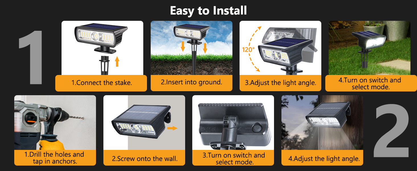(White) Solar Lights Outdoor Garden 6500K Cool White Solar Spot Lights 4 Pack IP65 Waterproof 2 Brightness Modes Stake Lights Solar Powered for Yard Walkway Driveway 