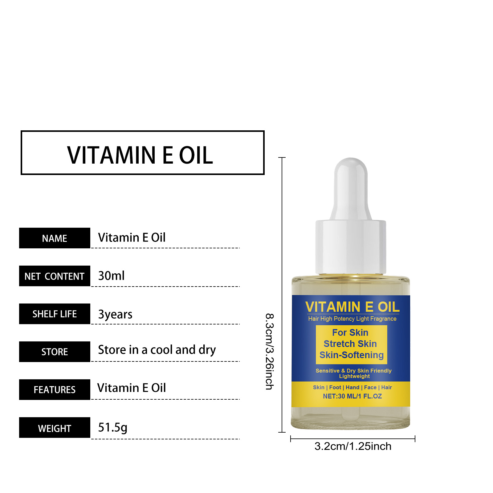 Vitamin E Oil Mild Hydrating Refreshing Moisturizing Daily Gentle Nourishing Face Hand Foot Skin Hair Care Liquid