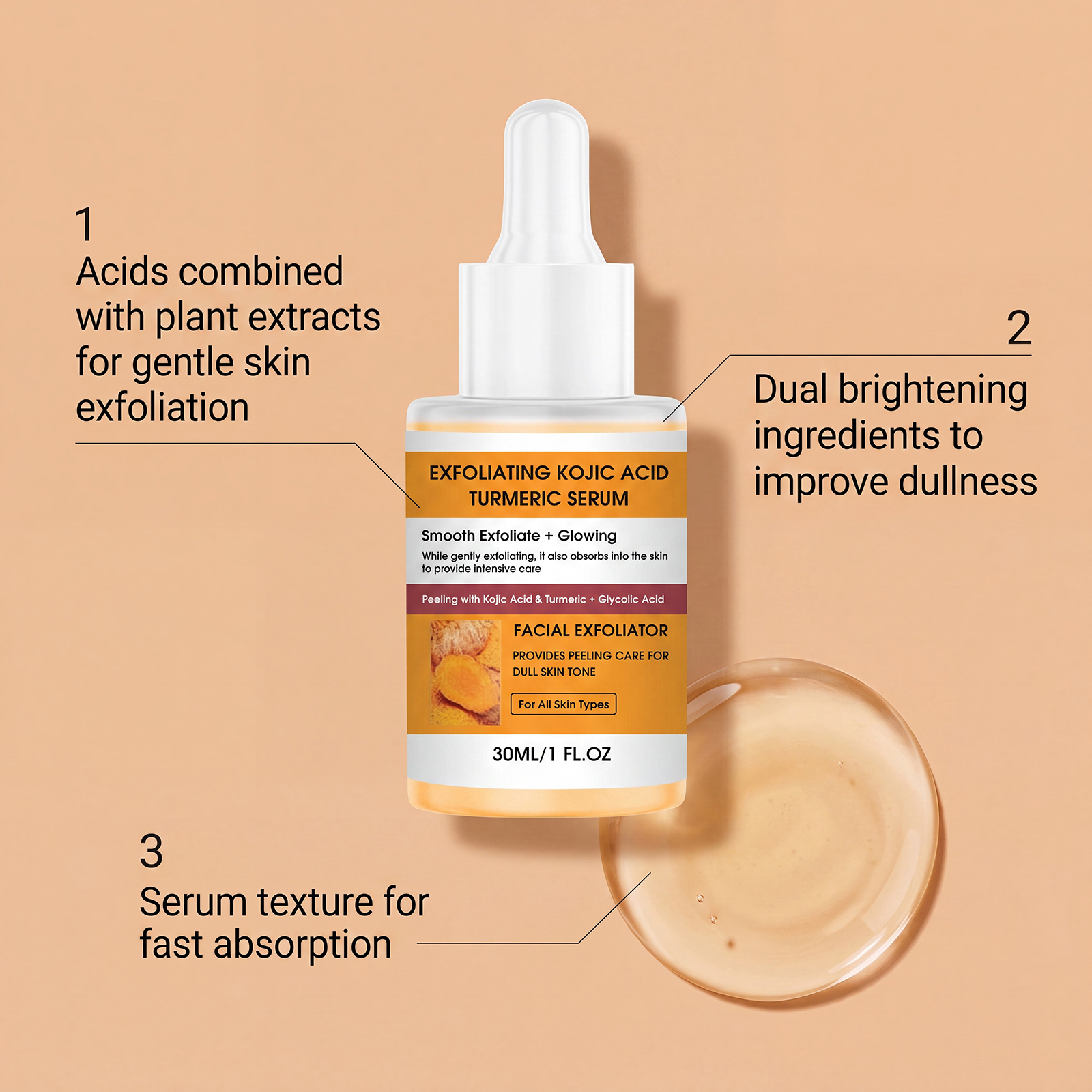 Kojic Acid Turmeric Exfoliating Serum Natural Radiance Hydrating Cleansing Moisturizing Care Facial Skin