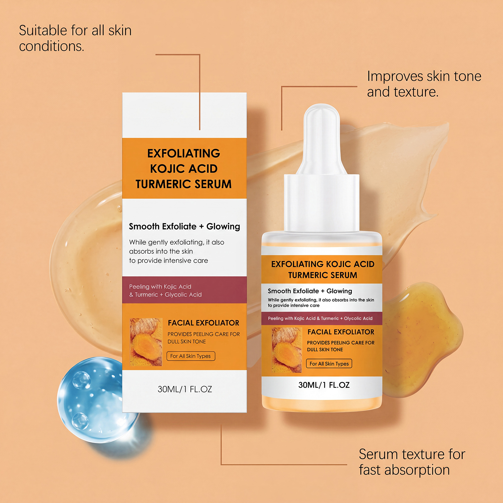 Kojic Acid Turmeric Exfoliating Serum Natural Radiance Hydrating Cleansing Moisturizing Care Facial Skin