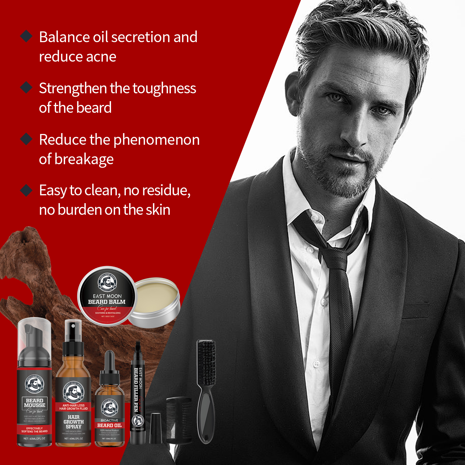 Men Beard Care Kit Set Wash Oil Balm Spray Mousse Filler Pen For Soft Healthy Looking Facial Hair Grooming