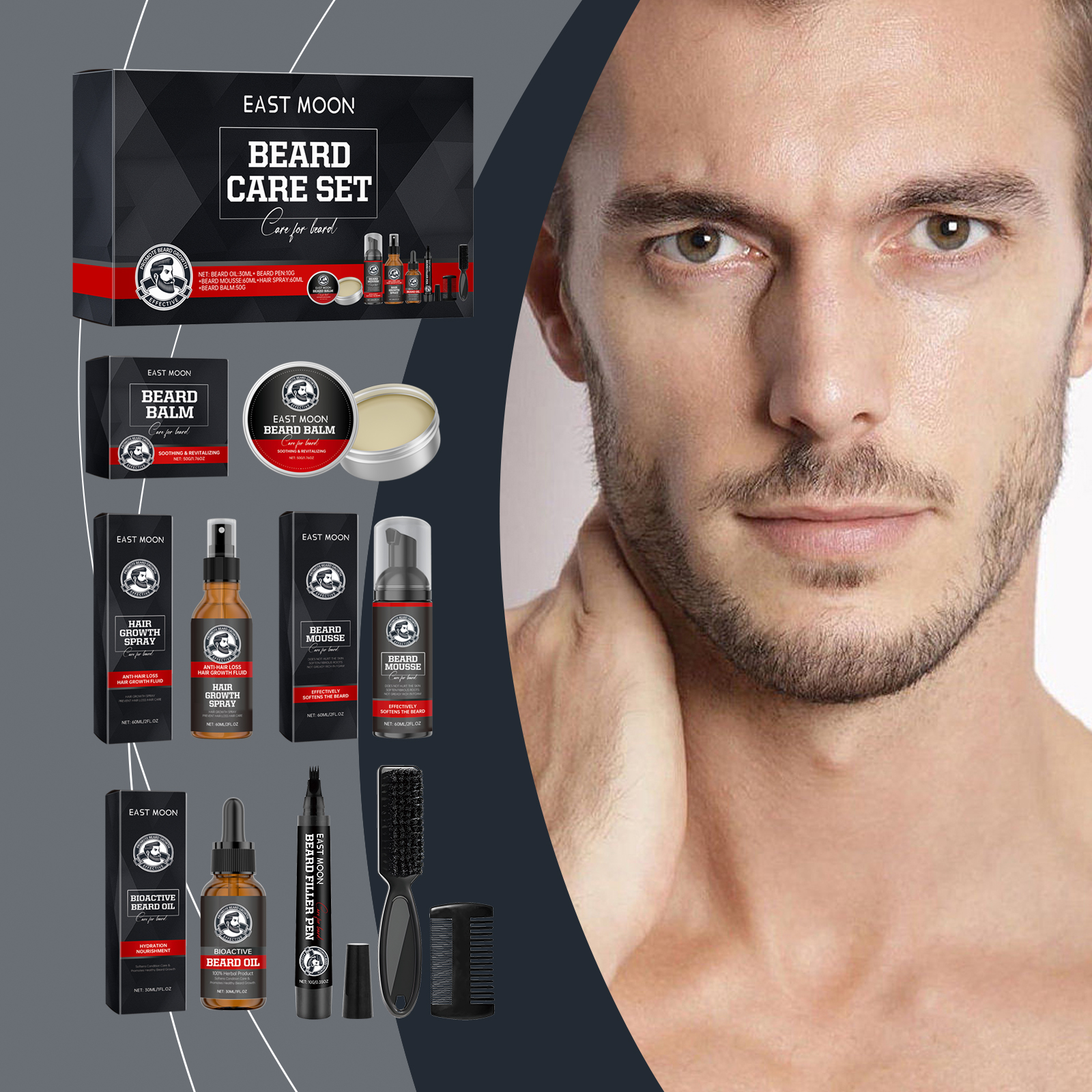 Men Beard Care Kit Set Wash Oil Balm Spray Mousse Filler Pen For Soft Healthy Looking Facial Hair Grooming