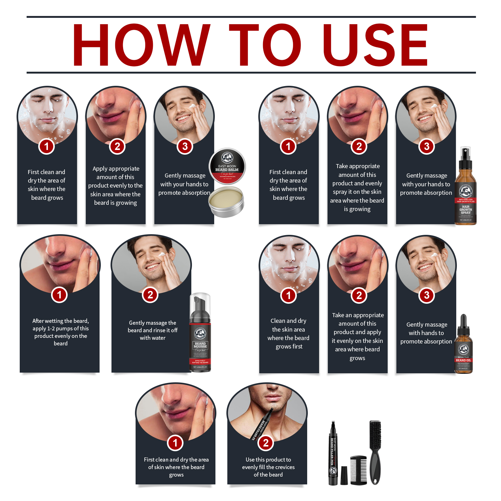 Men Beard Care Kit Set Wash Oil Balm Spray Mousse Filler Pen For Soft Healthy Looking Facial Hair Grooming