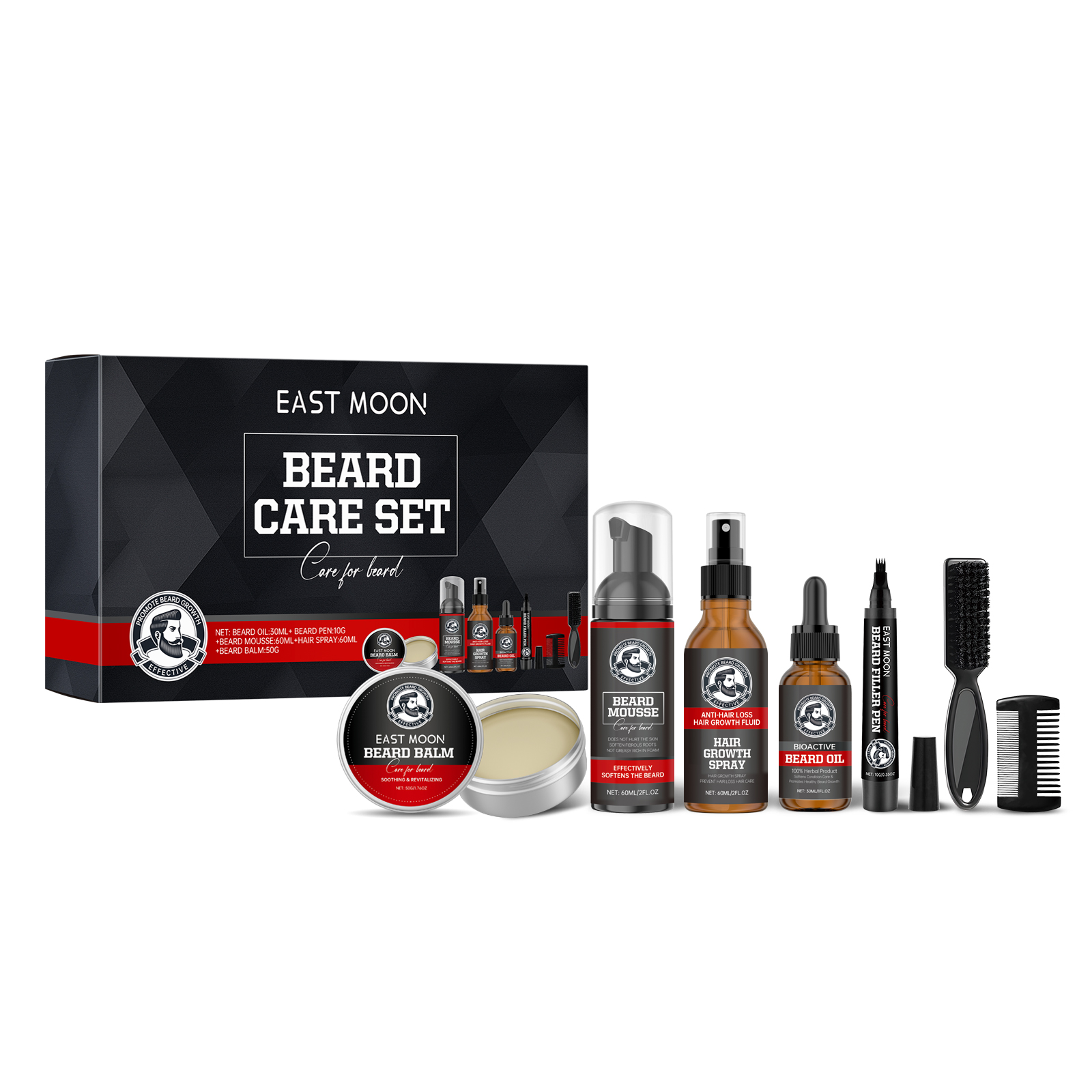 Men Beard Care Kit Set Wash Oil Balm Spray Mousse Filler Pen For Soft Healthy Looking Facial Hair Grooming