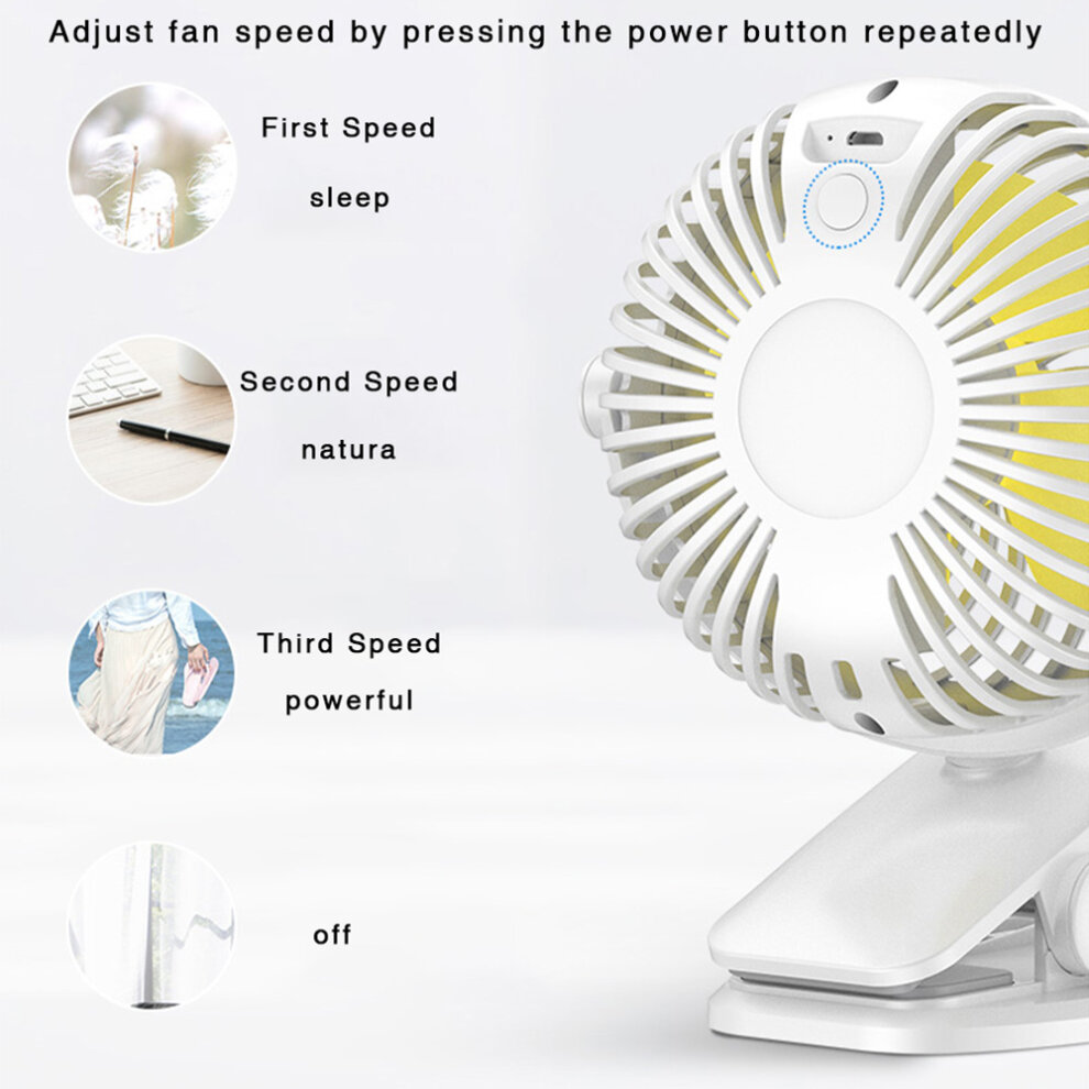 (White) 3 Speeds USB Rechargeable Mini Cooling Fan Clip On Desk Baby Stroller Portable