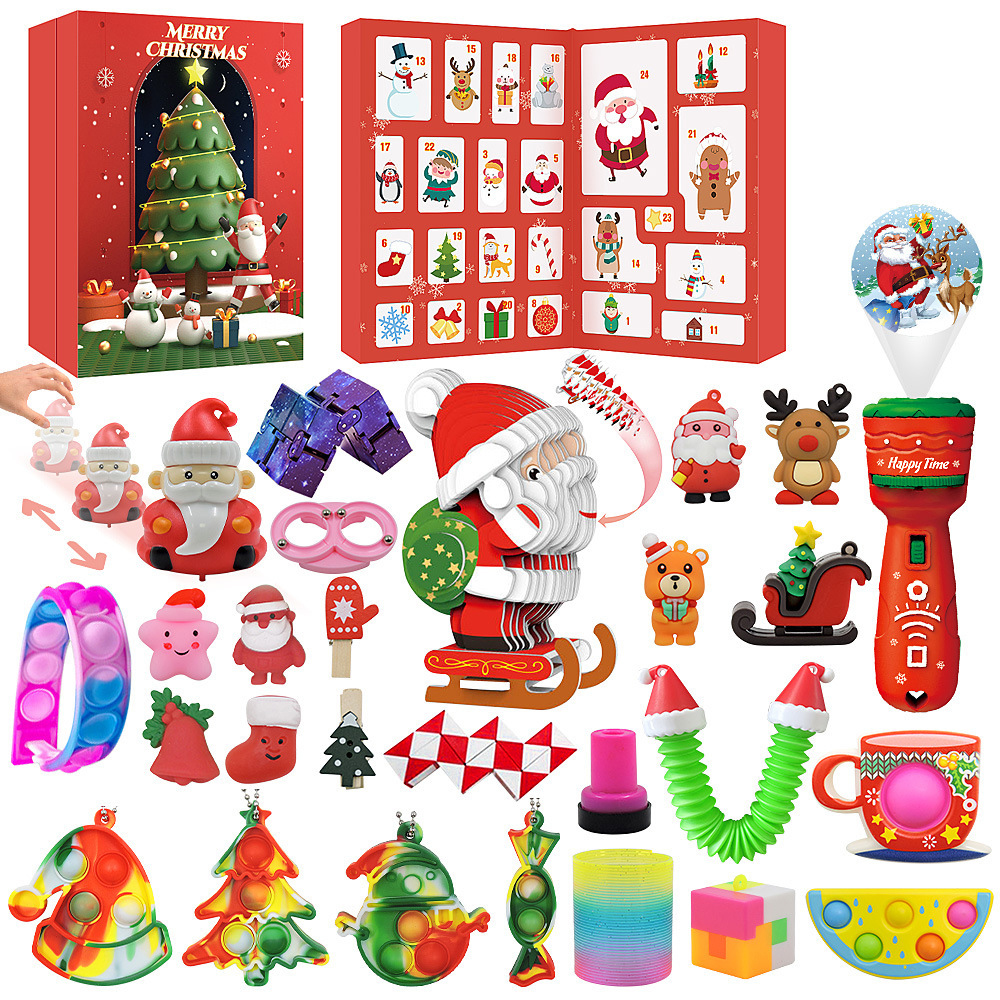 Christmas Advent Calendar Anti Stress Fidget Toys Kit Stress Relief Figet Toy Santa Claus 24 Windows Blind Box 24 Day Christmas Countdown Calendar Kids Surprise Gift Stocking Filler