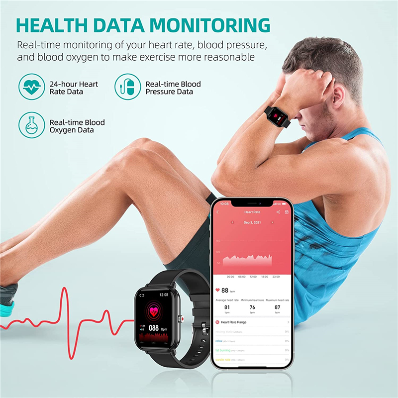 (Blue) Smart Watch 1.7 Inch Bluetooth Heart Rate Monitor SpO2 Men Sport Fitness Tracker IP68 Waterproof Women Smartwatch Clock