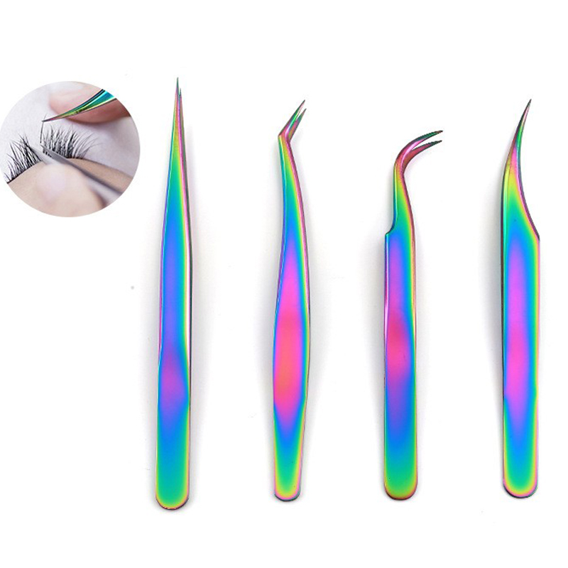 Eyelash Tweezers Nail Art Stainless Steel Lashes Extension Clip Applicator Rhinestone EyeLashes Tweezers Multifunction For Nail Beauty DIY Rainbow Color