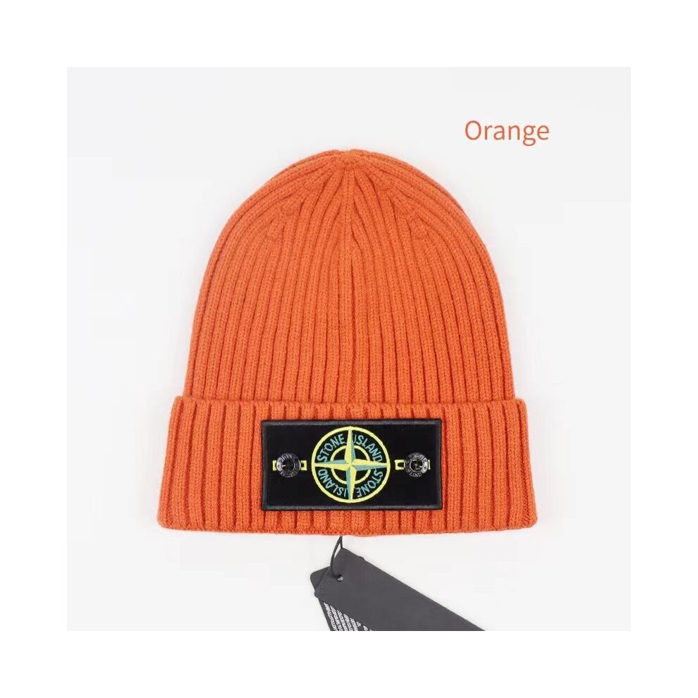 (Black) Stone Island Hat Warm Thick Cap Cuffed Knit Stretch Beanie Hat