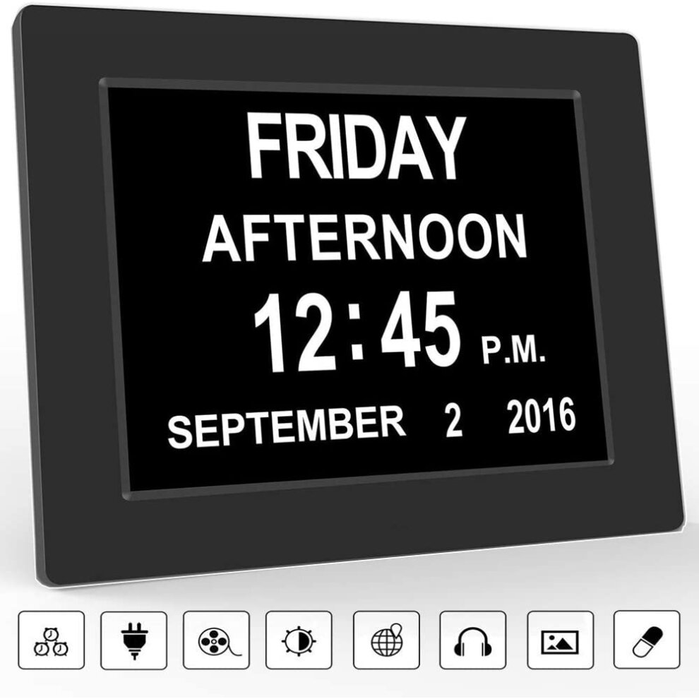 (Black) Digital Alarm Clock Calendar Memory Loss Day Clock with Extra Large Non-Abbreviated Day Month 7 Inch
