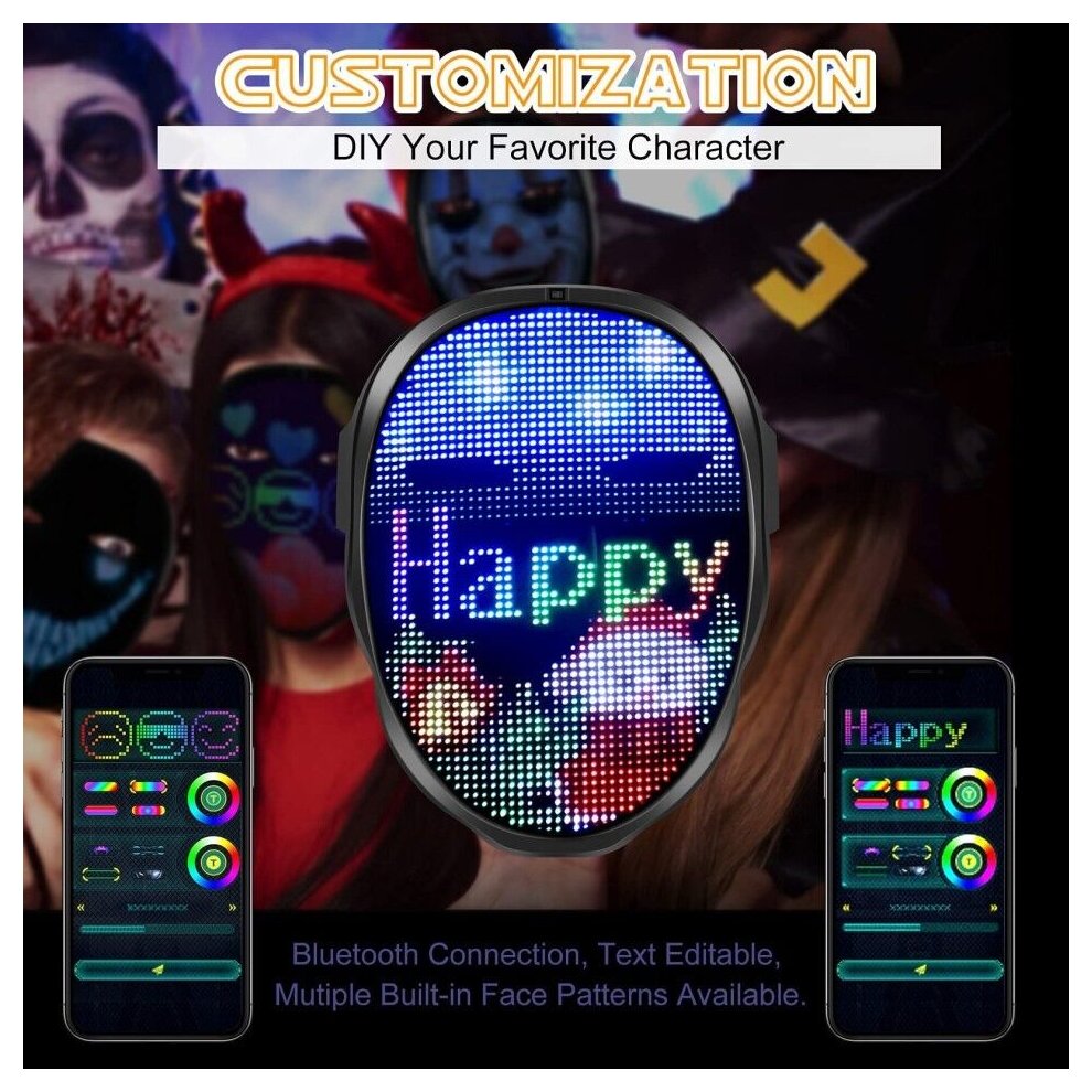 LED Mask Programmable App Control Halloween Costume Party Rave Club