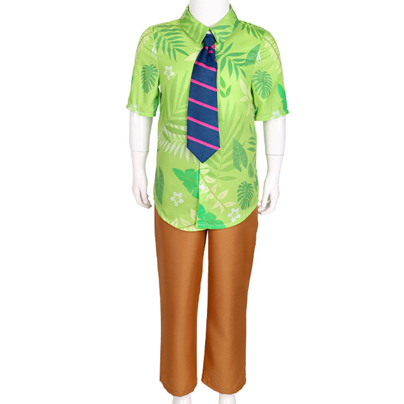(Size 110) Disney Zootopia 2 Fox Nick Wilde Classic Child Cosplay Costume Halloween Suits Kids Fancy Costume Green Printed T Shirt Hawaiian Floral Shirts Cosplay