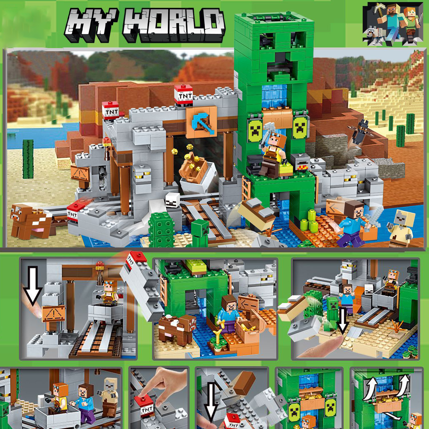 Minecraft The Creeper Mine Building Set Steve Minifigure Bricks Kids Xmas Gift Blocks Toys Fit Lego