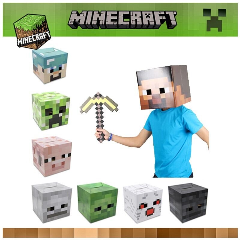 (Brown Steve) Minecraft Cardboard Headgear Box Cosplay Costume Steve Creeper Enderman Zombie Headpiece Costume Mask One Size