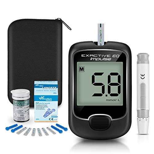 Blood Glucose Monitor Meter Diabetes Testing Kit Blood Sugar Tester Kit with 25 Test Strips and 25 Lancets for UK Diabetics in mmolL by Exactive EQ