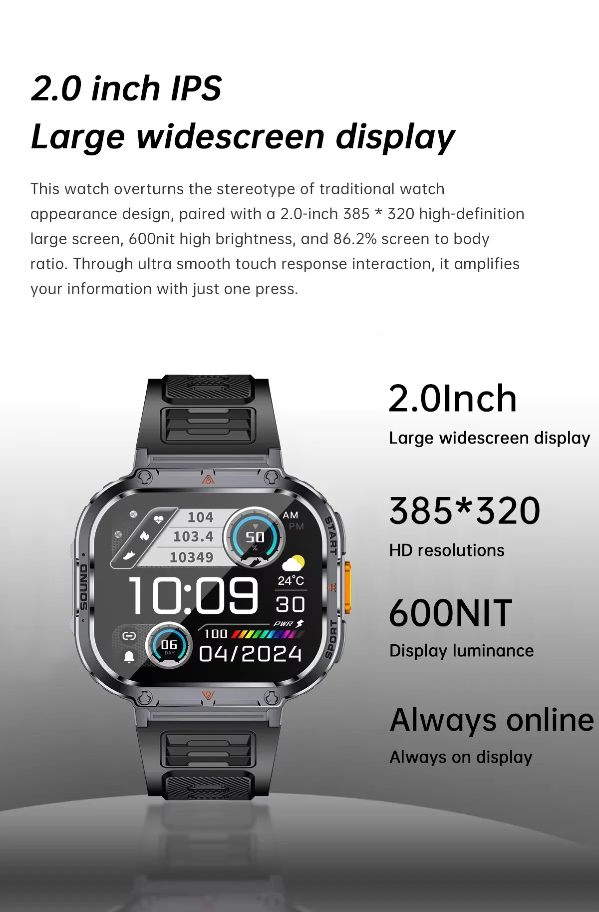 (Black) Smart Watch Heart Rate Blood Oxygen Sleep Monitor 2 inch Ultra Large Screen LED Light Flashlight BT Calling Men Outdoor Sports Fitness Tracker Smartwatch