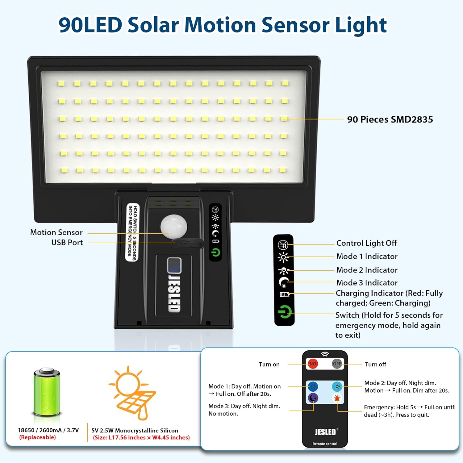 (1 pcs)  Solar Powered Lights Outside for Garden Fence Door Yard Pathway  90 LED Solar Motion Sensor Security Wall Lights Waterproof 2600mAh  USB Charging