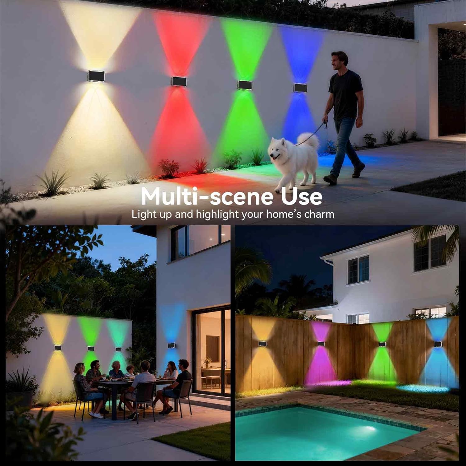 (6 pcs) Solar Fence Lights Up Down Lighting Solar Lights Outdoor Garden Warm White RGB 8 Colors Solar Powered Wall Lights IP66 Waterproof for Outside Yard Patio 