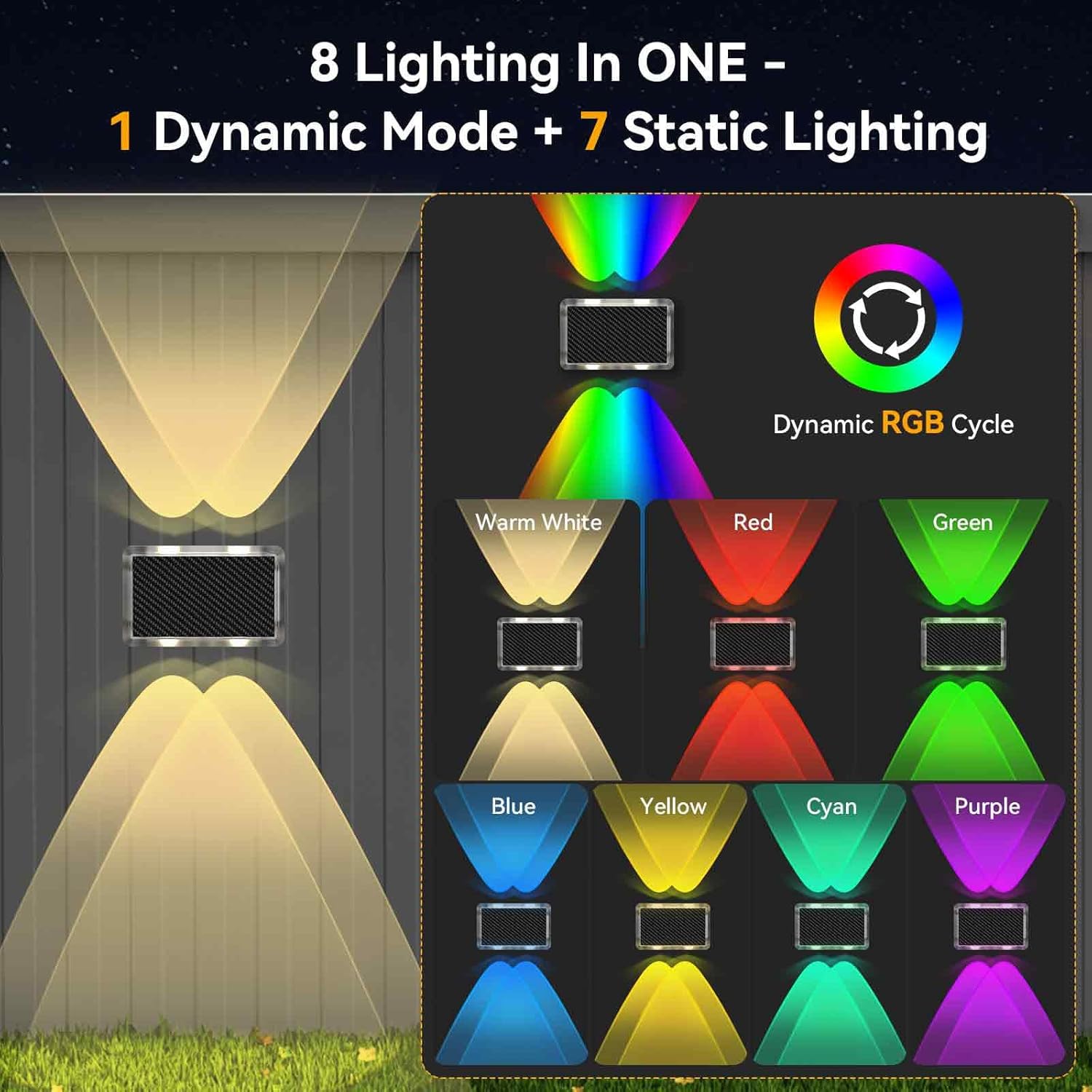 (6 pcs) Solar Fence Lights Up Down Lighting Solar Lights Outdoor Garden Warm White RGB 8 Colors Solar Powered Wall Lights IP66 Waterproof for Outside Yard Patio 